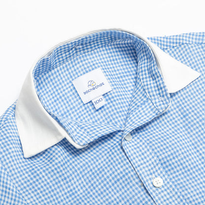 Blue Gingham Linen Shirt with Detachable Collar for boy