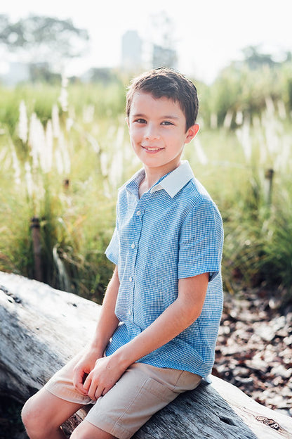 Blue Gingham Linen Shirt with Detachable Collar for boy