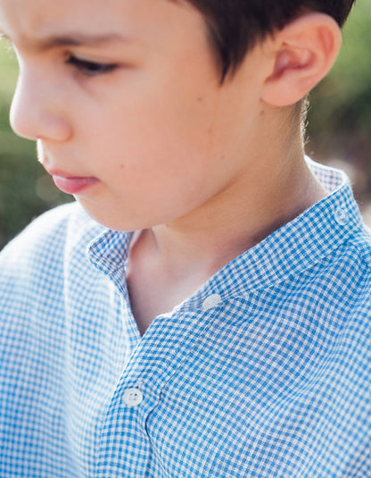 Blue Gingham Linen Shirt with Detachable Collar for boy