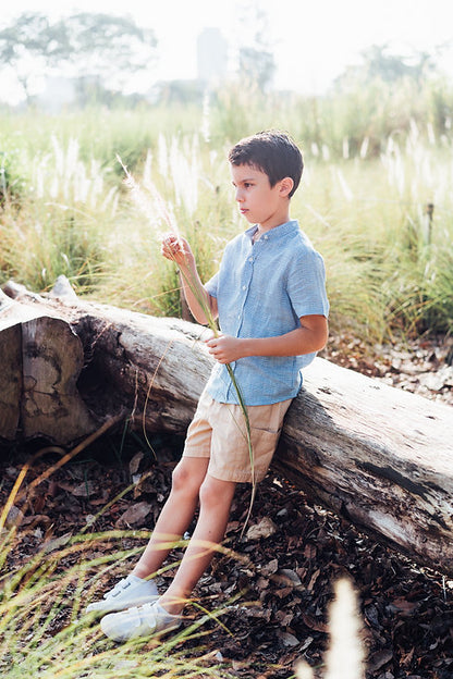 Blue Gingham Linen Shirt with Detachable Collar for boy