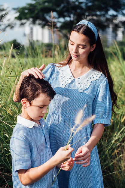 Blue Gingham Linen Shirt with Detachable Collar for boy