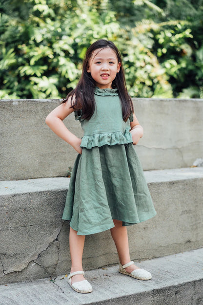 Charlotte Faux Two Piece Ruffle Dress for Girls in moss green linen