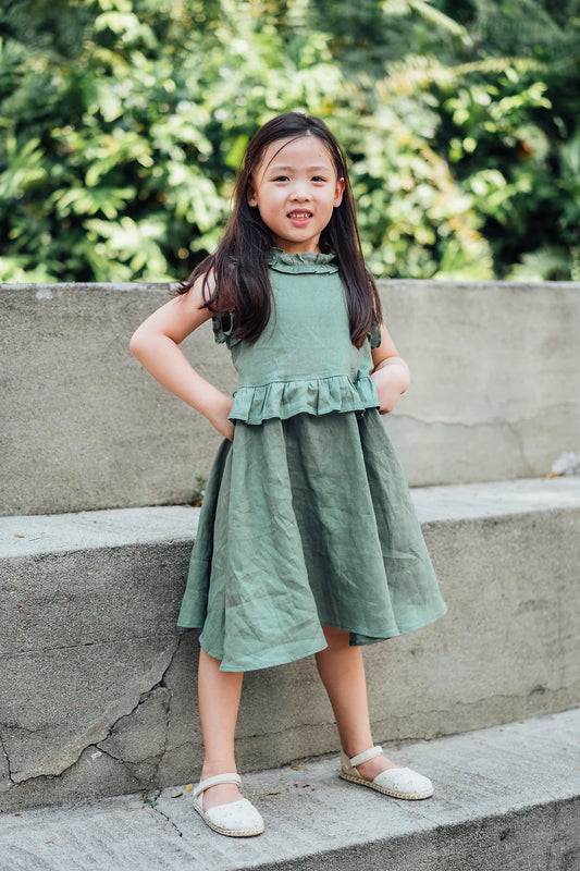 Charlotte Faux Two Piece Ruffle Dress for Girls in moss green linen