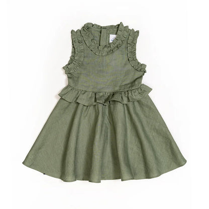 Charlotte Faux Two Piece Ruffle Dress for Girls in moss green linen