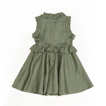 Charlotte Faux Two Piece Ruffle Dress for Girls in moss green linen