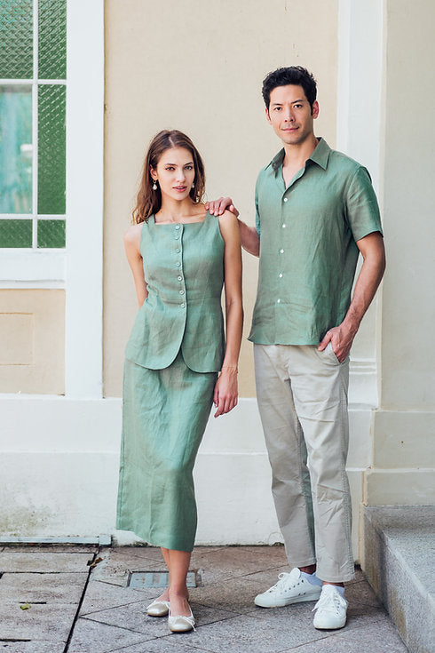 Charlotte vest and skirt set for Ladies in moss green linen