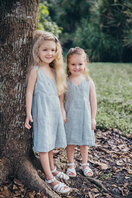 Green Gingham Double Button Linen Dress for girl
