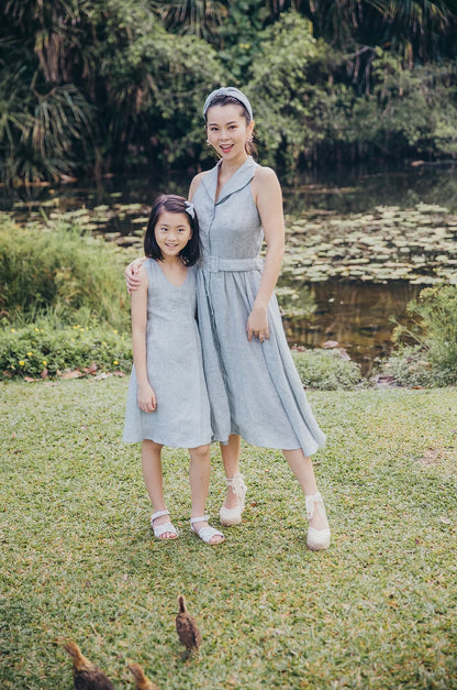 Green Gingham Double Button Linen Dress for girl