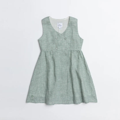 Green Gingham Double Button Linen Dress for girl