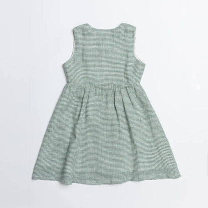Green Gingham Double Button Linen Dress for girl