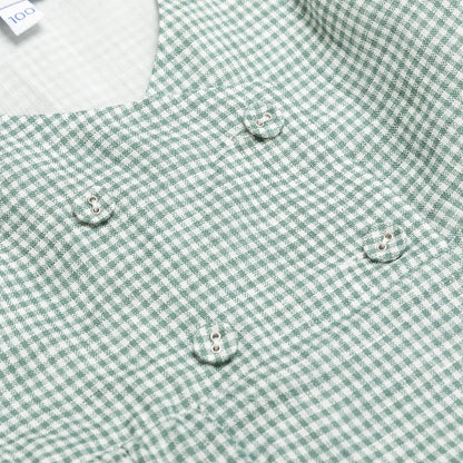 Green Gingham Double Button Linen Dress for girl