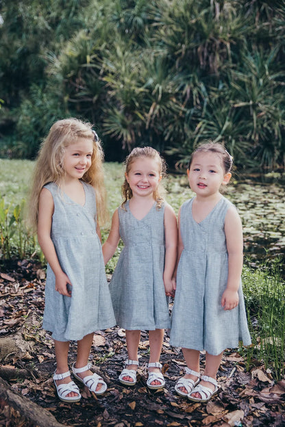 Green Gingham Double Button Linen Dress for girl
