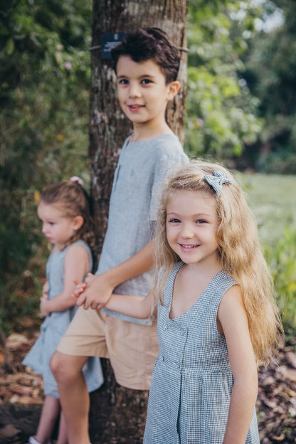 Green Gingham Double Button Linen Dress for girl