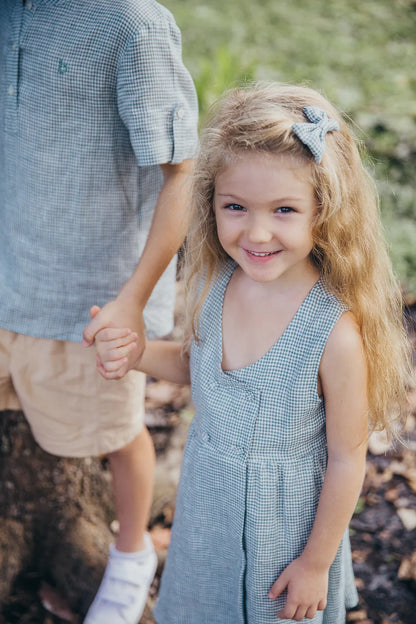 Green Gingham Double Button Linen Dress for girl