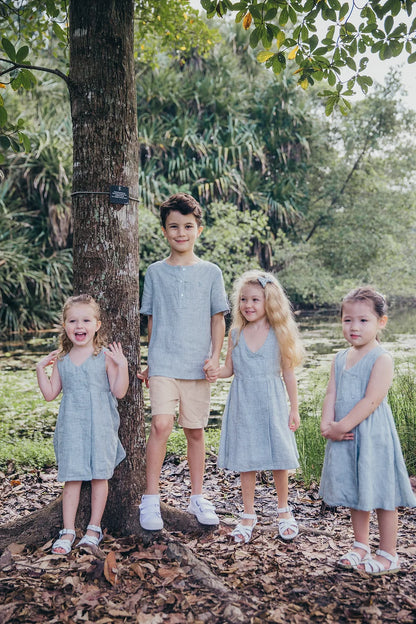 Green Gingham Double Button Linen Dress for girl