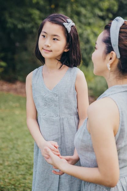 Green Gingham Double Button Linen Dress for girl
