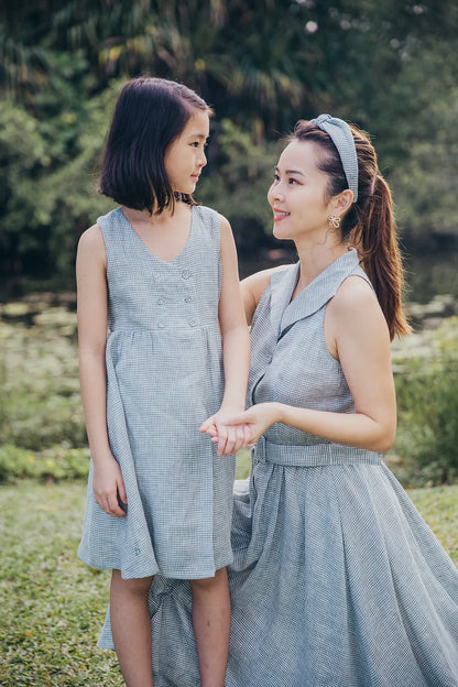 Green Gingham Double Button Linen Dress for girl