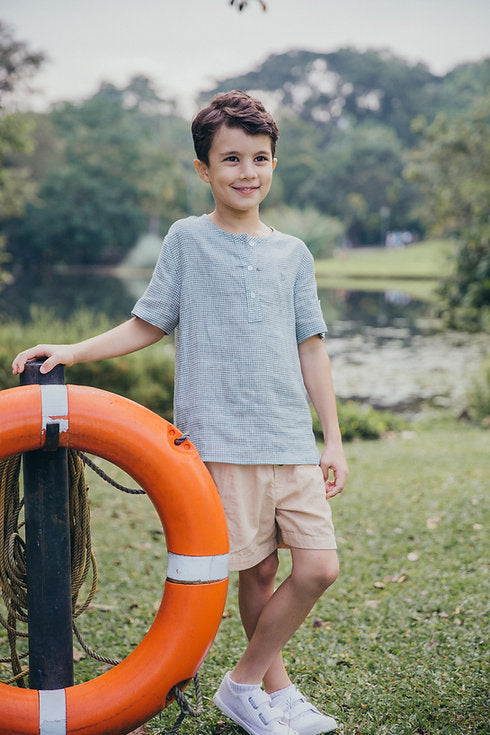 Green Gingham Linen Shirt for boy