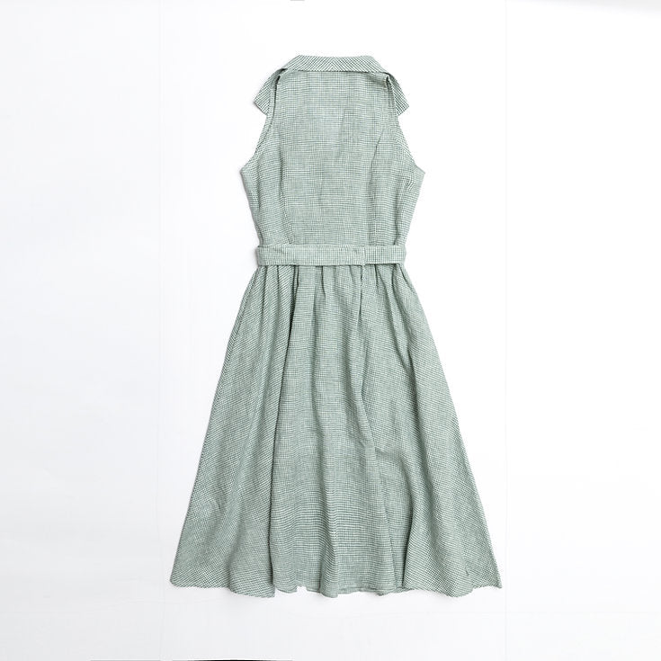 Green Gingham Shirtwaist Linen Dress with Belt for  woman