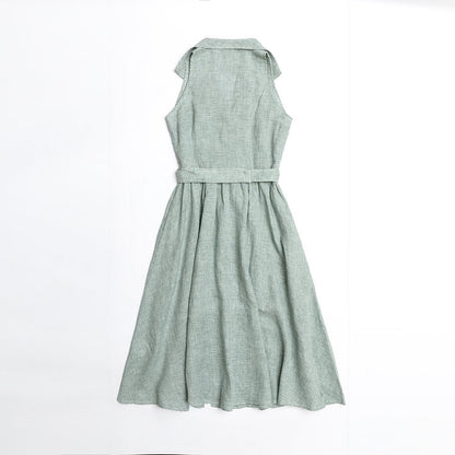 Green Gingham Shirtwaist Linen Dress with Belt for  woman