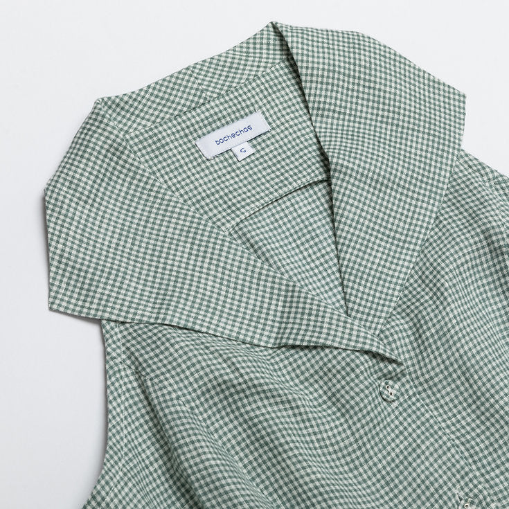 Green Gingham Shirtwaist Linen Dress with Belt for  woman