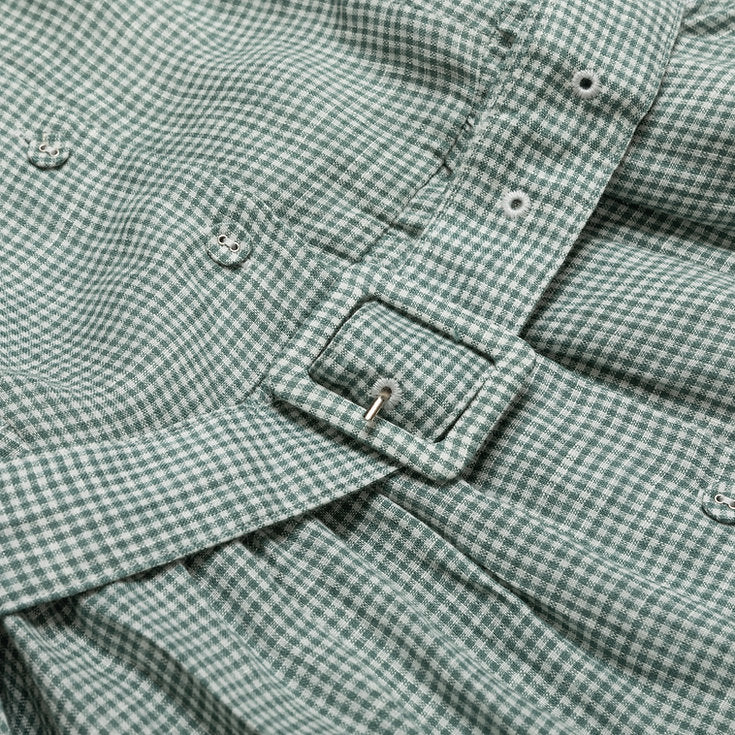 Green Gingham Shirtwaist Linen Dress with Belt for  woman