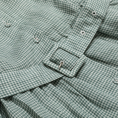 Green Gingham Shirtwaist Linen Dress with Belt for  woman
