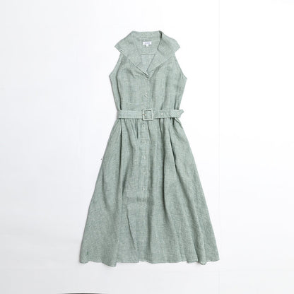 Green Gingham Shirtwaist Linen Dress with Belt for  woman