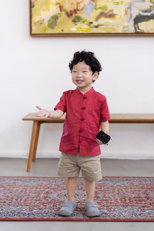 Naz Shirt for Boy — White Classic & Red Mandarin Collar