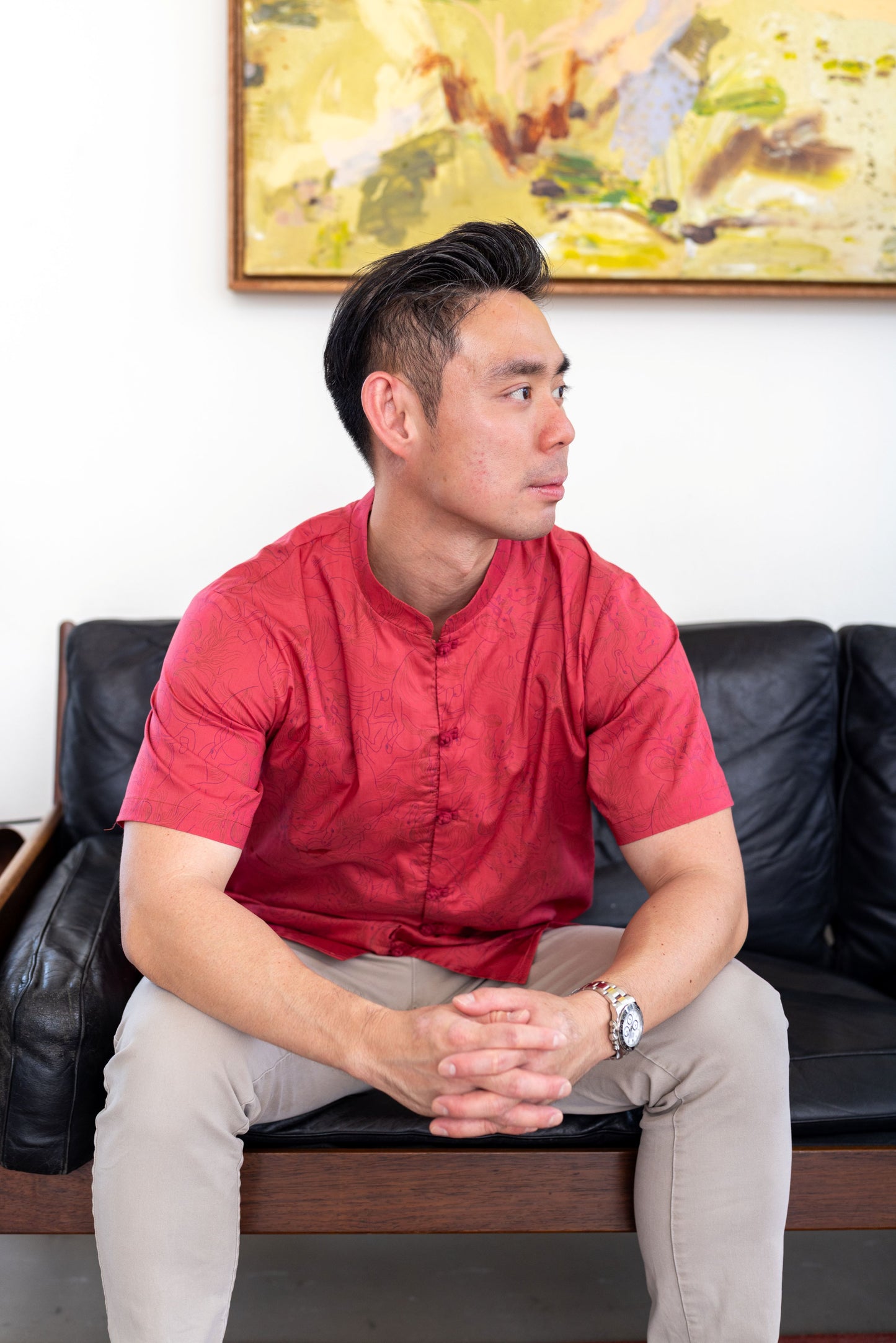 Naz Shirt for Men — White Classic & Red Mandarin Collar