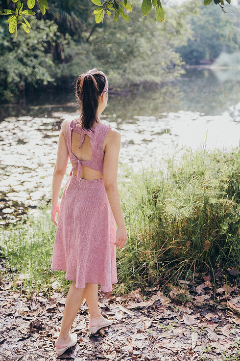 Red Gingham Linen Double Tie-Back Dress for woman