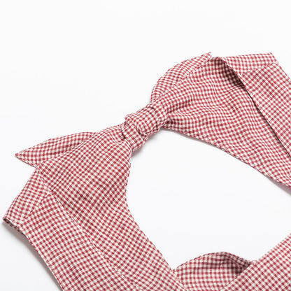 Red Gingham Linen Double Tie-Back Dress for woman