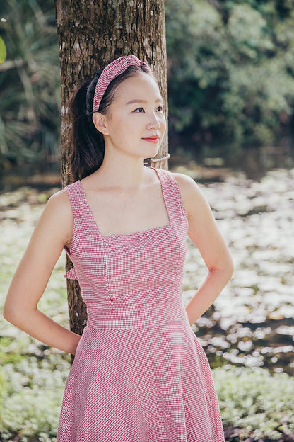 Red Gingham Linen Double Tie-Back Dress for woman