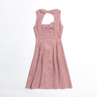 Red Gingham Linen Double Tie-Back Dress for woman