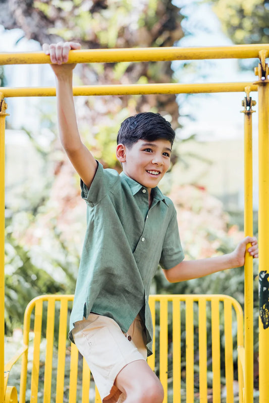 Sambourne Shirt for boy in moss green linen