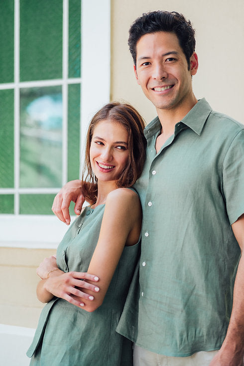 Sambourne Short Sleeve Shirt for Men in moss green linen